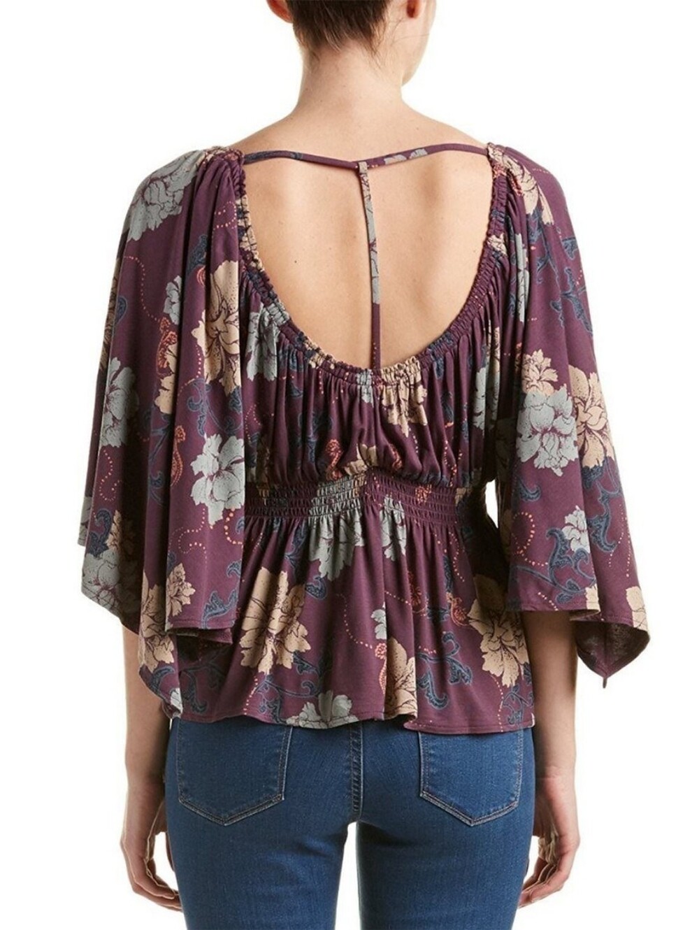 Free People Floral Peplum Blouse Purple Kimono Sleeve Boho Top XS (Fits S/M)